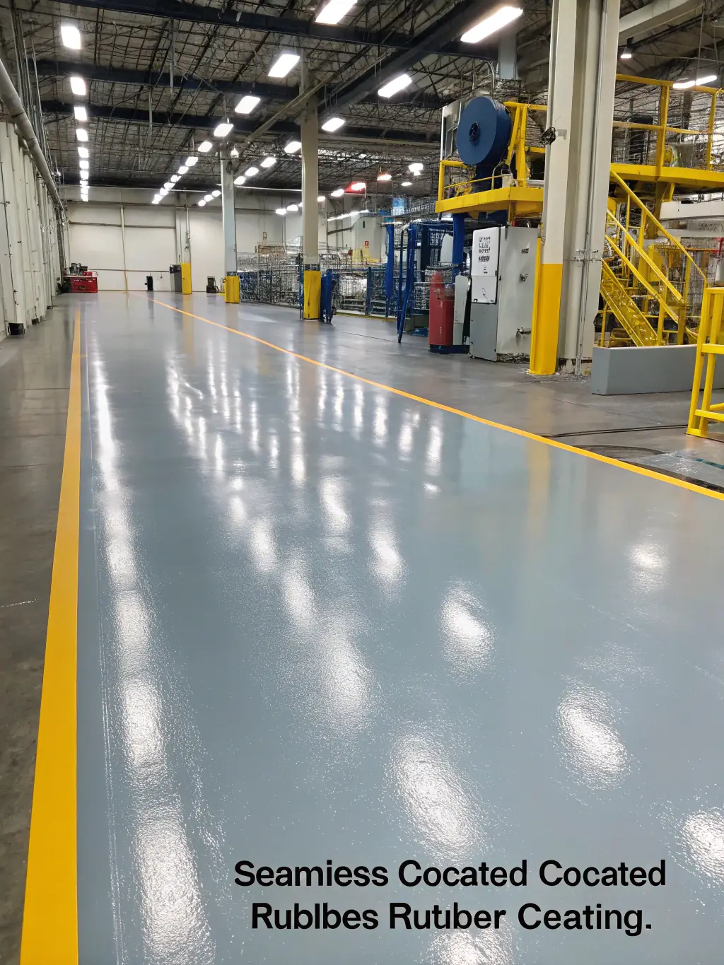 An industrial warehouse floor with non-slip epoxy coating, showing heavy machinery and workers safely moving around in a busy environment.