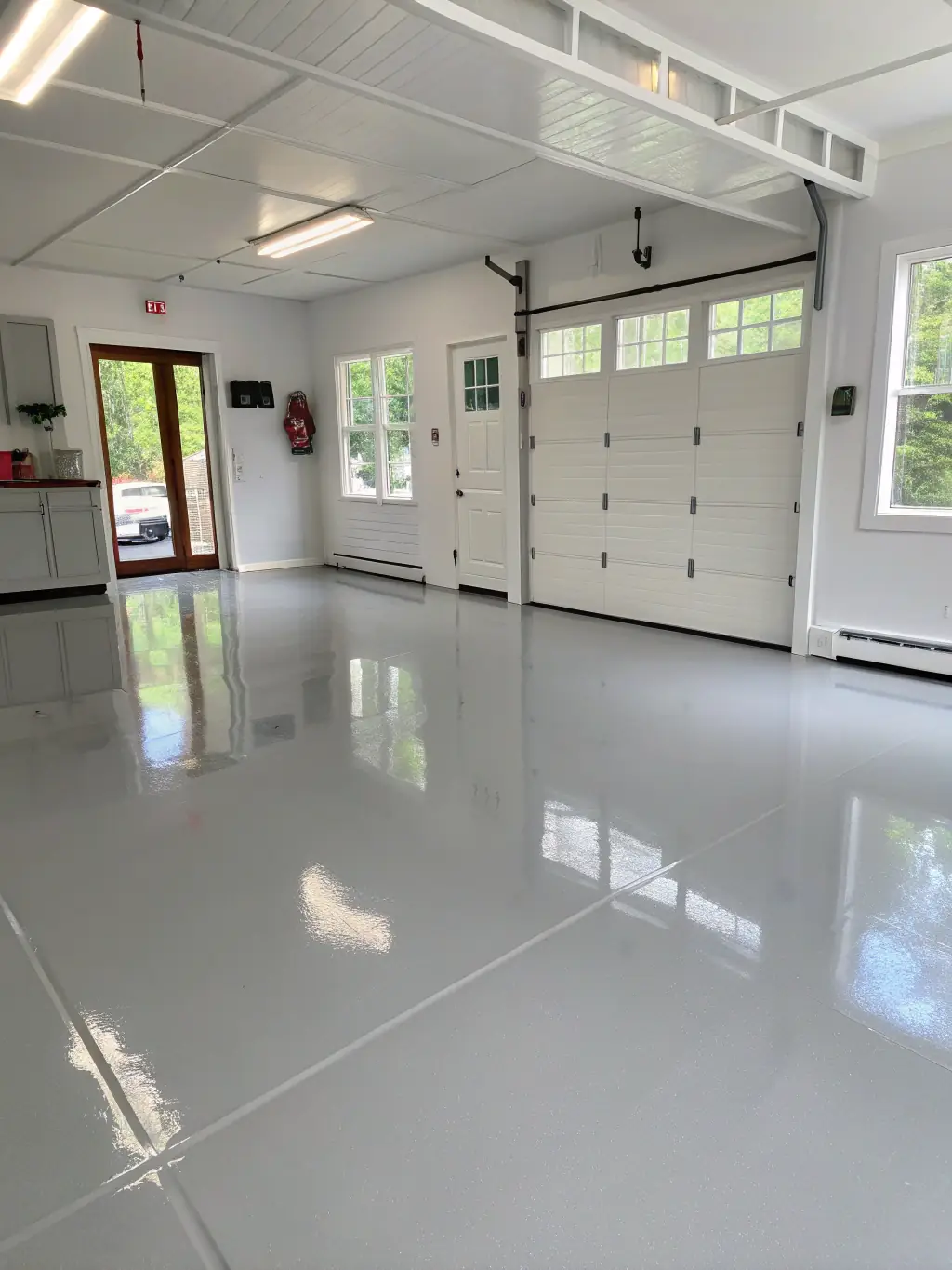 A close-up shot of decorative flake epoxy flooring in a residential garage, showcasing the vibrant color and textured finish, with tools neatly arranged in the background.