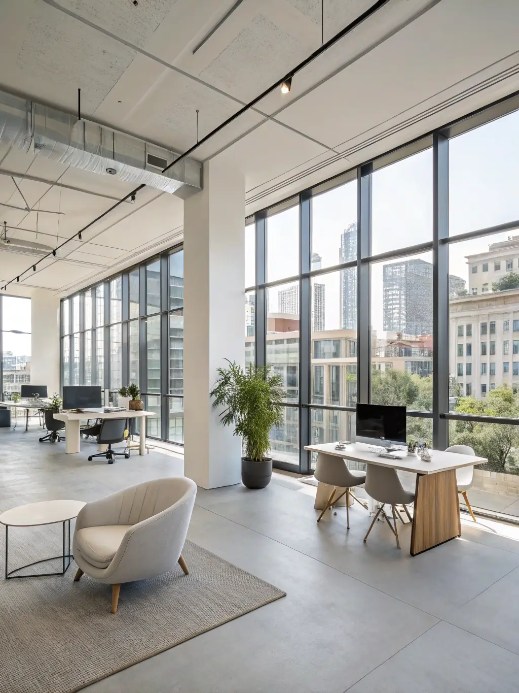 A polished concrete look epoxy floor in a contemporary office space, with minimalist furniture and natural light streaming through large windows.