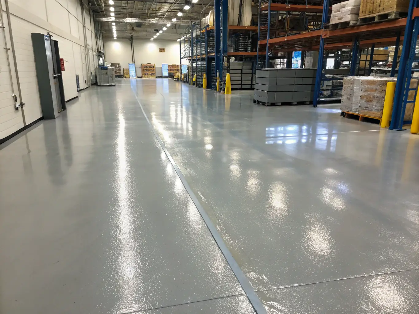 An industrial epoxy floor with textured, non-slip surface in a warehouse setting, ensuring safety and durability.